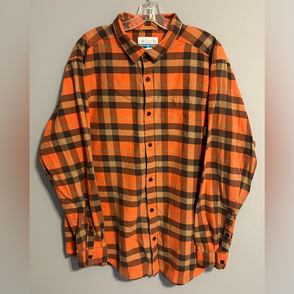 COLUMBIA Button Up Shirt Men's Size XL Plaid Checks Orange and‎ Brown - Picture 2 of 11